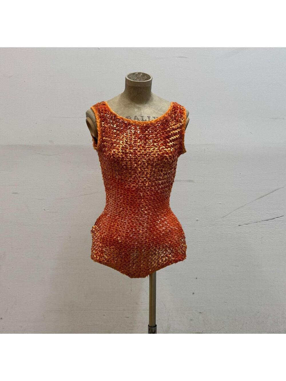 Vintage Broadway Showgirl Costume 60s 70s Orange Sequin Leotard